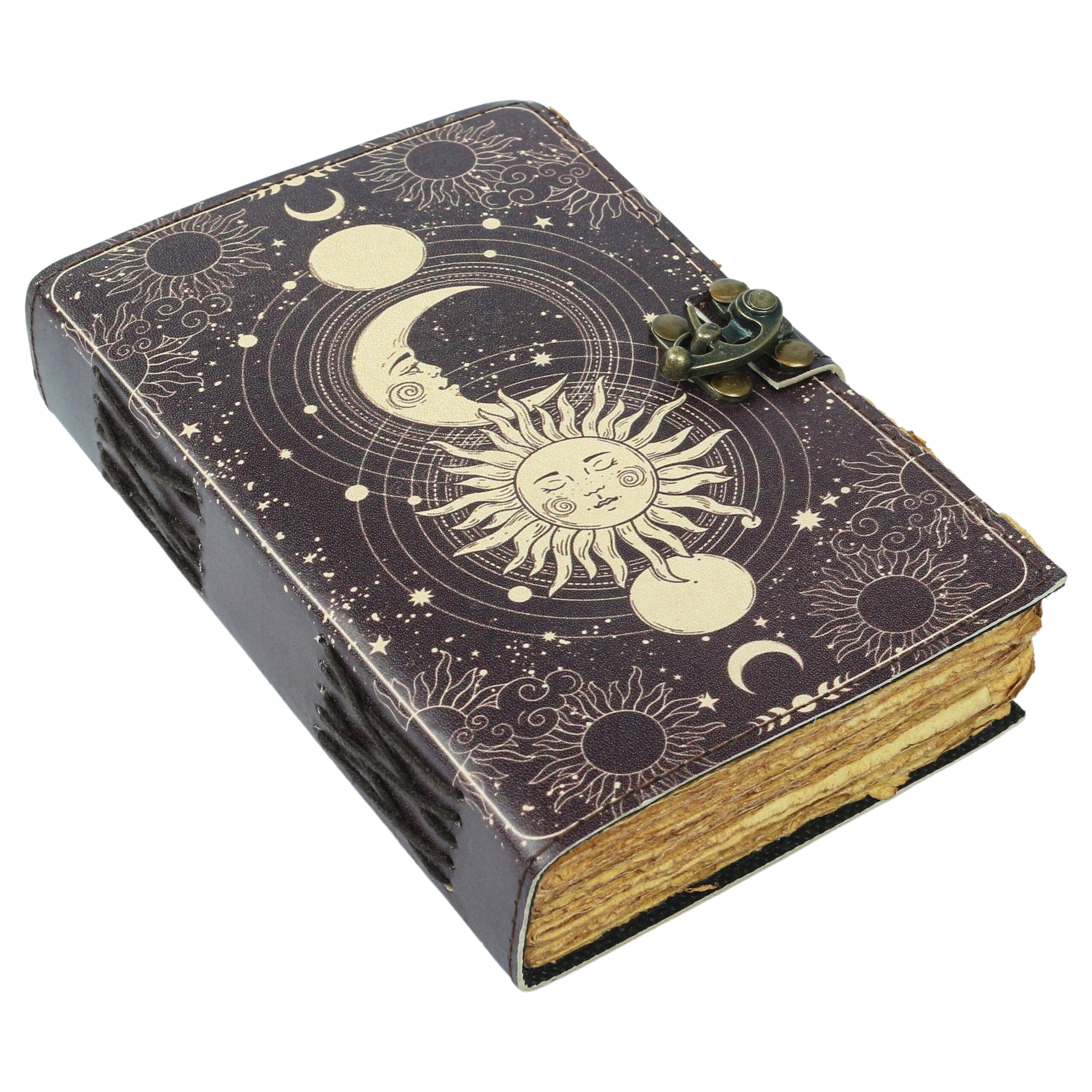 Sun and Moon Leather Journal, Celestial Grimoire, Vintage Deckle Edge Notebook, Book of Shadows with Antique Style Clasp