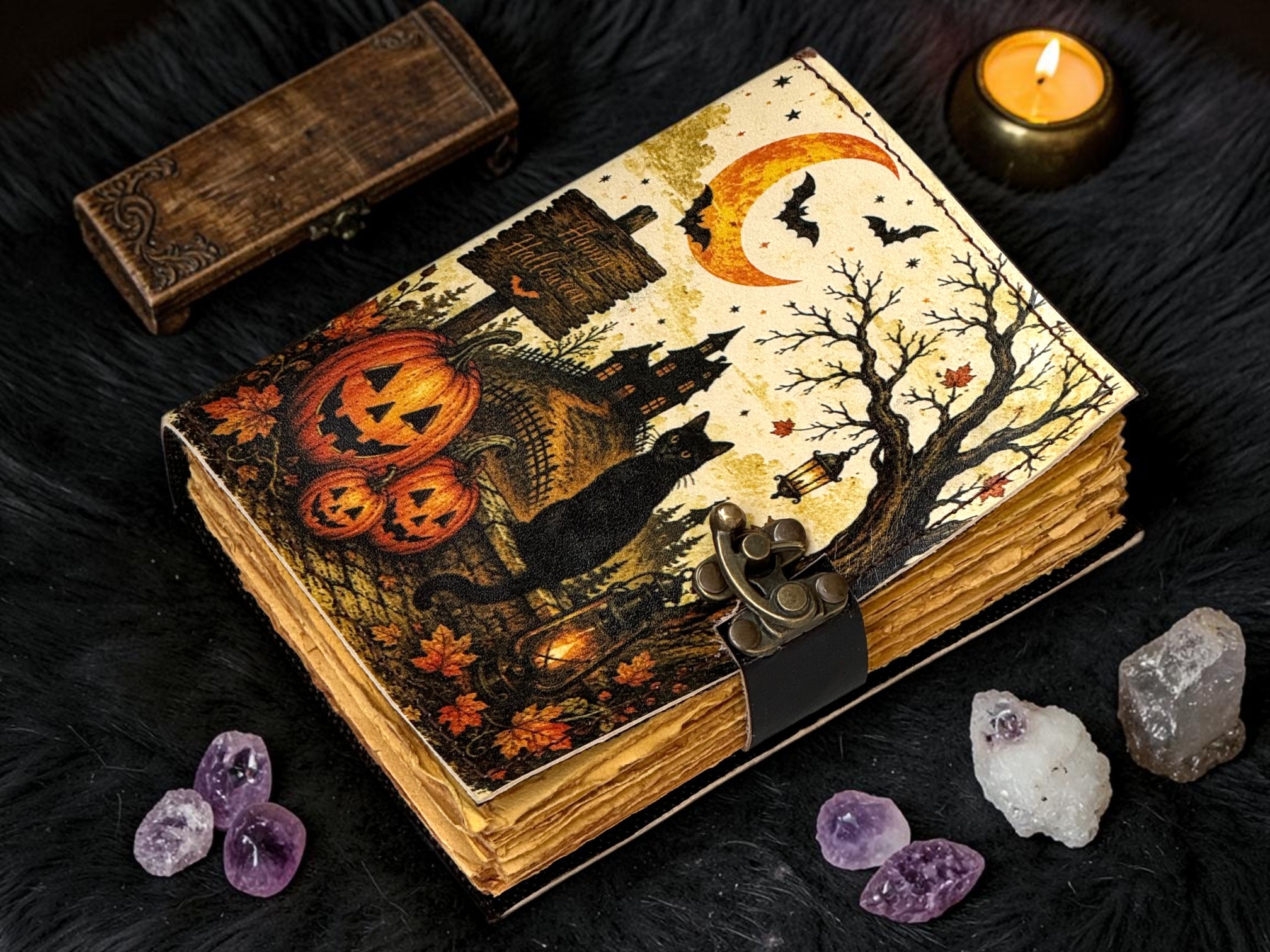 Halloween Pumpkin Lock Journal, Handmade Leather Notebook, Spooky Bat Owl Diary, Fall Writing Journal, Witchy Gift for Her Her