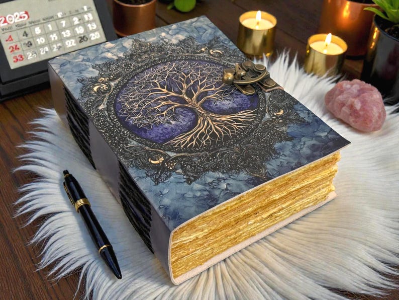 Tree of Life Leather Journal, Vintage Deckle Edge Grimoire, Purple & Gold Book of Shadows, Antique Style Clasp Notebook - Image 7