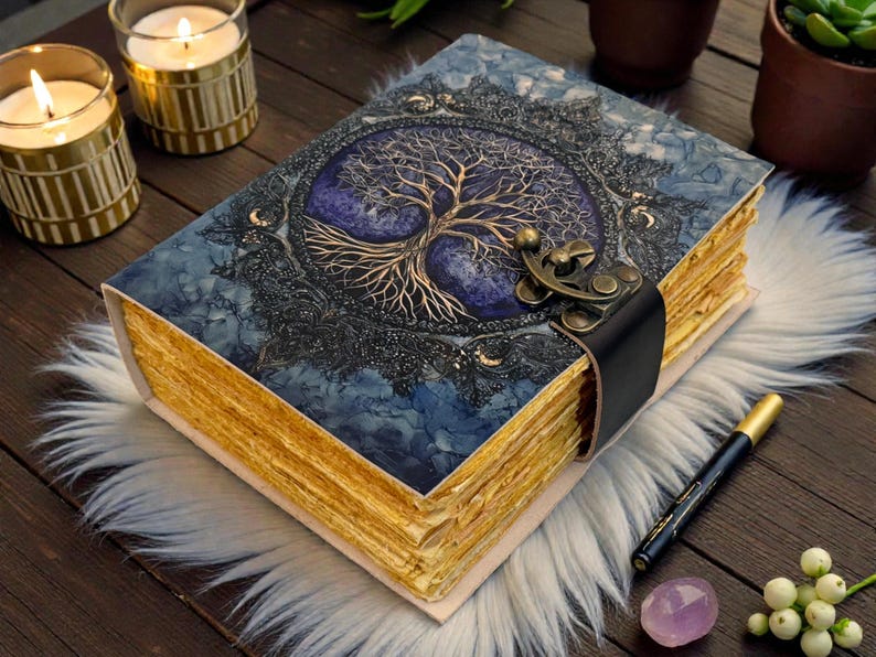 Tree of Life Leather Journal, Vintage Deckle Edge Grimoire, Purple & Gold Book of Shadows, Antique Style Clasp Notebook - Image 3