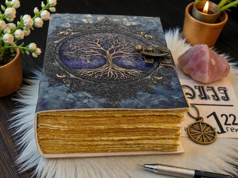 Tree of Life Leather Journal, Vintage Deckle Edge Grimoire, Purple & Gold Book of Shadows, Antique Style Clasp Notebook - Image 4