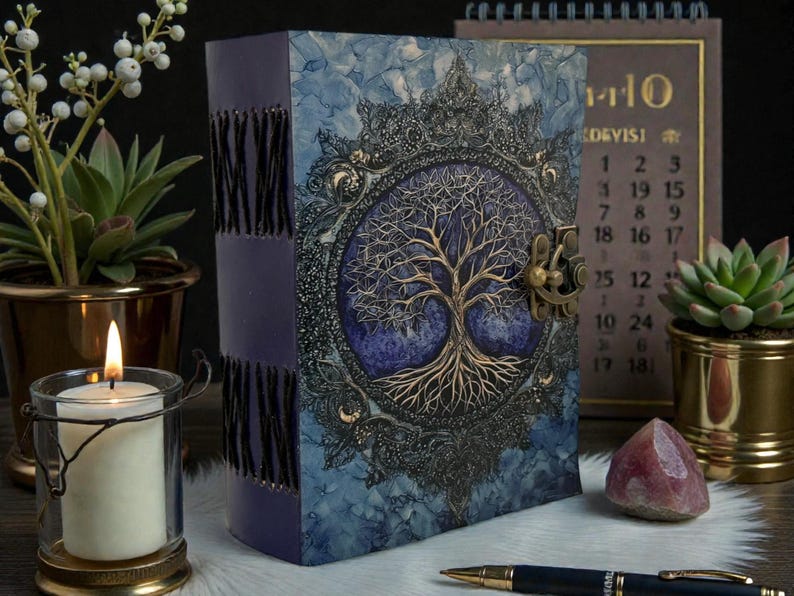 Tree of Life Leather Journal, Vintage Deckle Edge Grimoire, Purple & Gold Book of Shadows, Antique Style Clasp Notebook - Image 5
