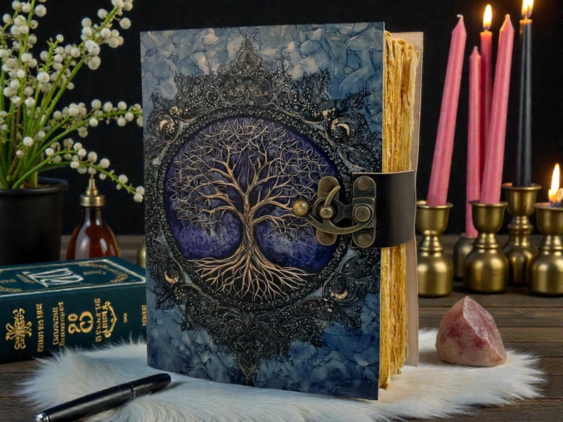 Tree of Life Leather Journal, Vintage Deckle Edge Grimoire, Purple & Gold Book of Shadows, Antique Style Clasp Notebook - Image 2