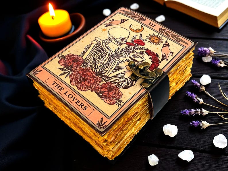 The Lovers Tarot Leather Journal, Skeleton Couple Notebook, Gothic Rose Diary, Handmade Deckle Edge Grimoire, Romantic Gift - Image 3