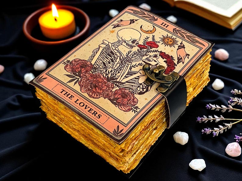 The Lovers Tarot Leather Journal, Skeleton Couple Notebook, Gothic Rose Diary, Handmade Deckle Edge Grimoire, Romantic Gift - Image 6
