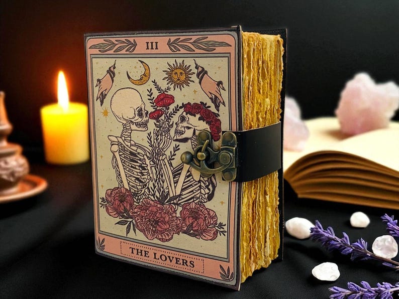 The Lovers Tarot Leather Journal, Skeleton Couple Notebook, Gothic Rose Diary, Handmade Deckle Edge Grimoire, Romantic Gift - Image 4