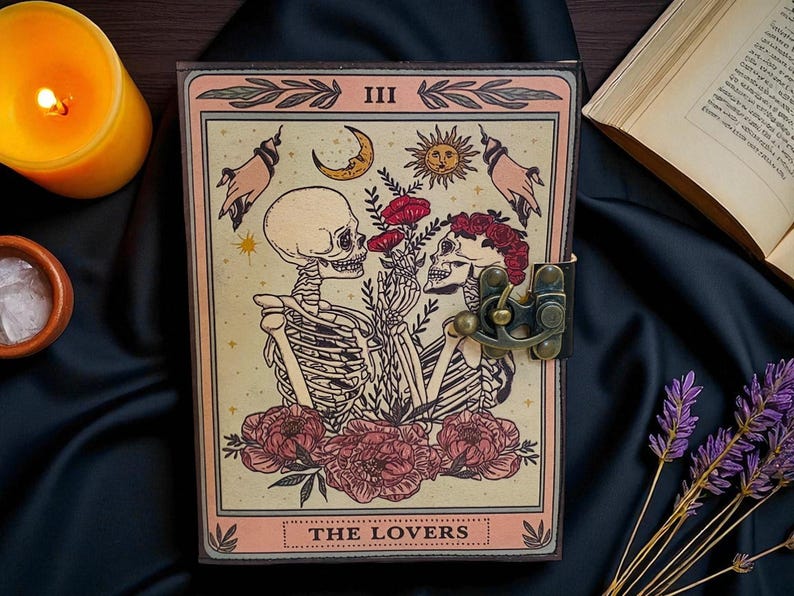 The Lovers Tarot Leather Journal, Skeleton Couple Notebook, Gothic Rose Diary, Handmade Deckle Edge Grimoire, Romantic Gift - Image 5
