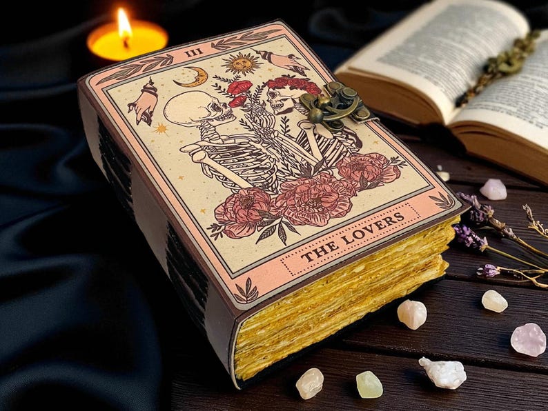 The Lovers Tarot Leather Journal, Skeleton Couple Notebook, Gothic Rose Diary, Handmade Deckle Edge Grimoire, Romantic Gift - Image 2