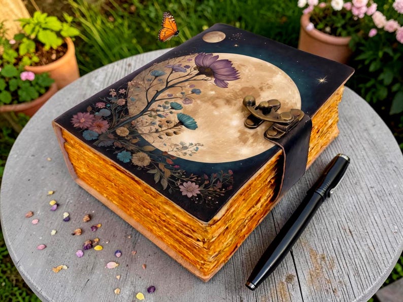 Full Moon Floral Leather Journal, Handmade Celestial Notebook, Wildflower Diary, Vintage Deckle Edge Grimoire, Moon Lover Gift - Image 3