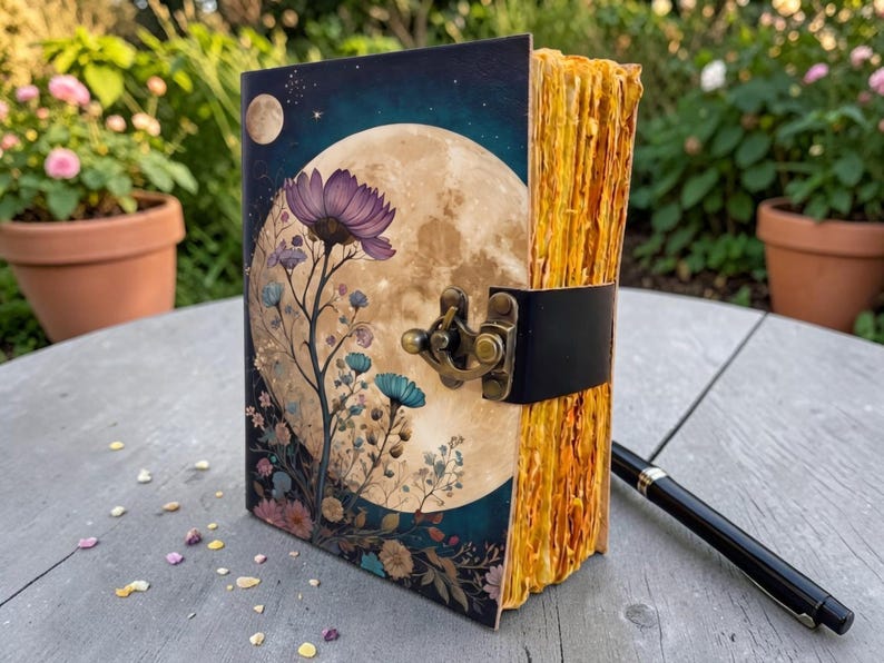 Full Moon Floral Leather Journal, Handmade Celestial Notebook, Wildflower Diary, Vintage Deckle Edge Grimoire, Moon Lover Gift - Image 5