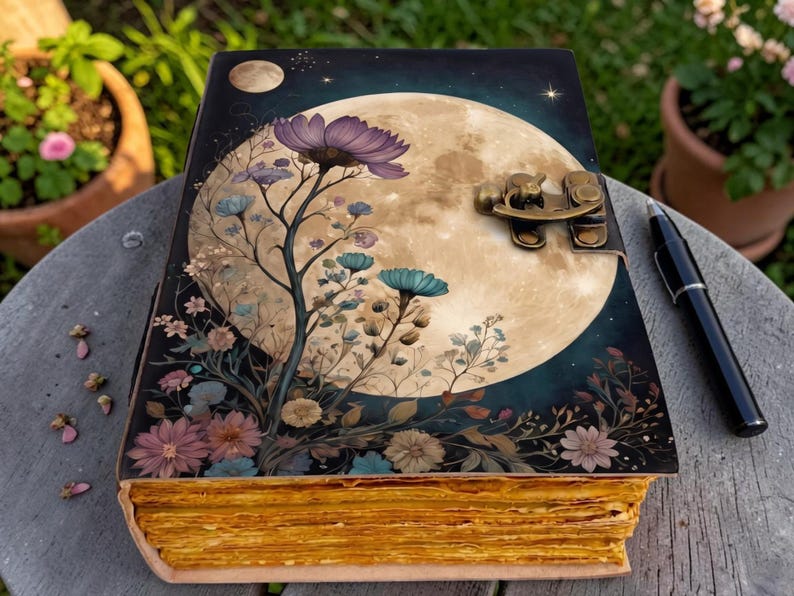 Full Moon Floral Leather Journal, Handmade Celestial Notebook, Wildflower Diary, Vintage Deckle Edge Grimoire, Moon Lover Gift - Image 4