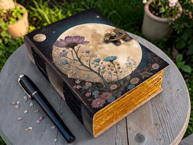 Full Moon Floral Leather Journal, Handmade Celestial Notebook, Wildflower Diary, Vintage Deckle Edge Grimoire, Moon Lover Gift - Image 2