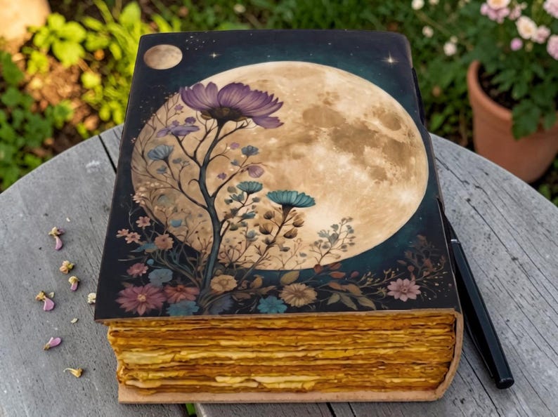 Full Moon Floral Leather Journal, Handmade Celestial Notebook, Wildflower Diary, Vintage Deckle Edge Grimoire, Moon Lover Gift - Image 6