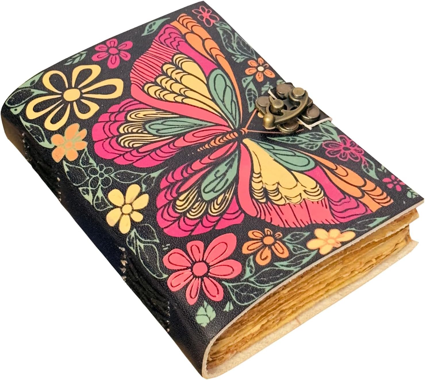 Butterfly Leather Journal with Lock, Handmade Boho Floral Notebook, Retro 70s Butterfly Diary, Colorful Sketchbook, Butterfly Lover Gift for Her