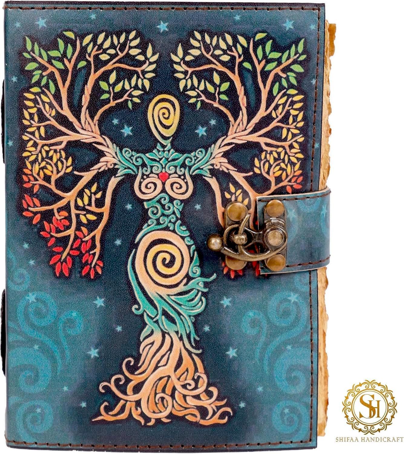 Mother Earth Tree of Life Journal, Handmade Leather Notebook with Lock, Goddess Nature Diary, Four Seasons Book of Shadows, Spiritual Gift for Her - Image 3