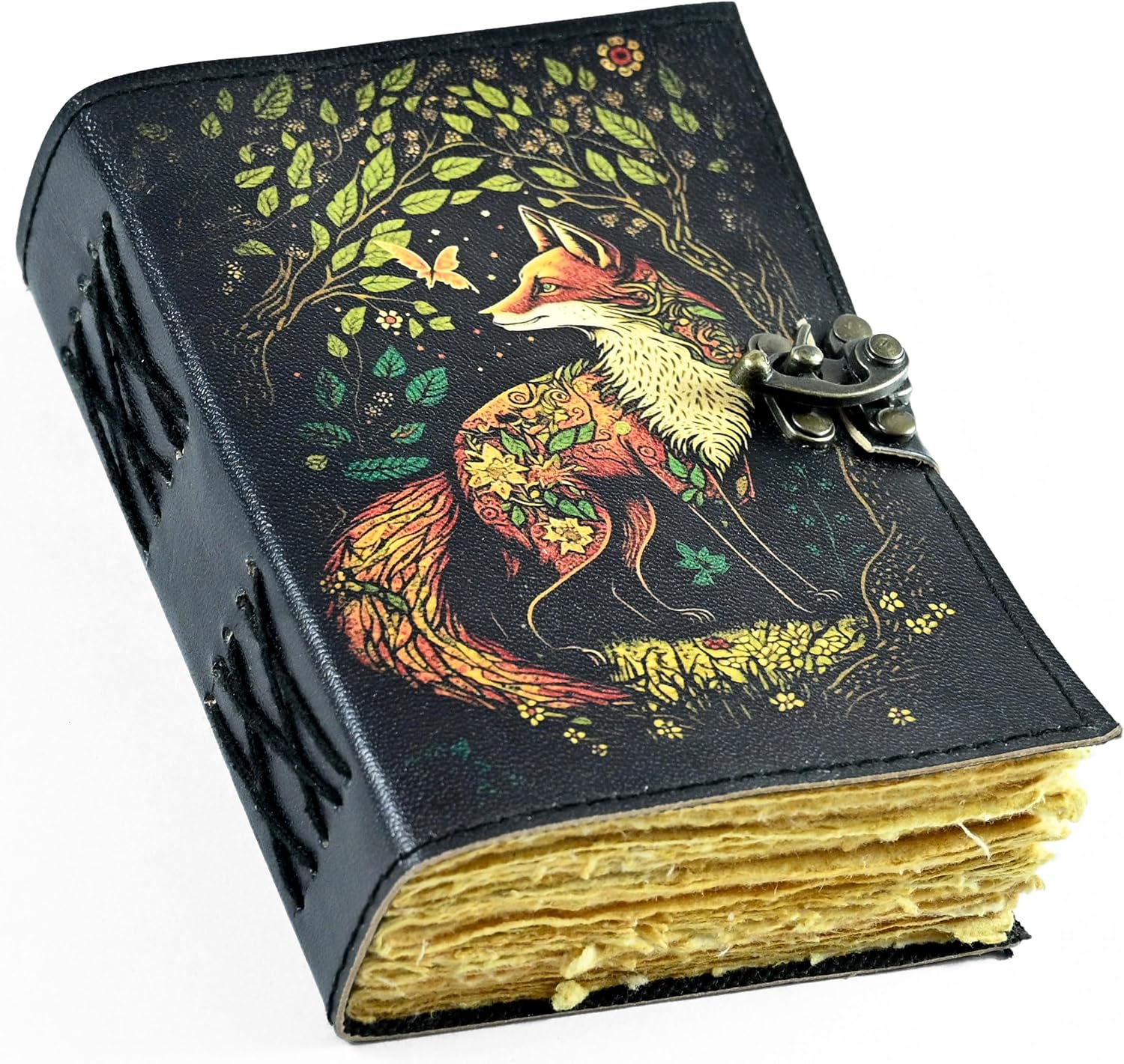 Fox Leather Journal with Lock, Handmade Woodland Notebook, Floral Fox Forest Diary, Cottagecore Sketchbook, Fox Lover Gift for Her Him