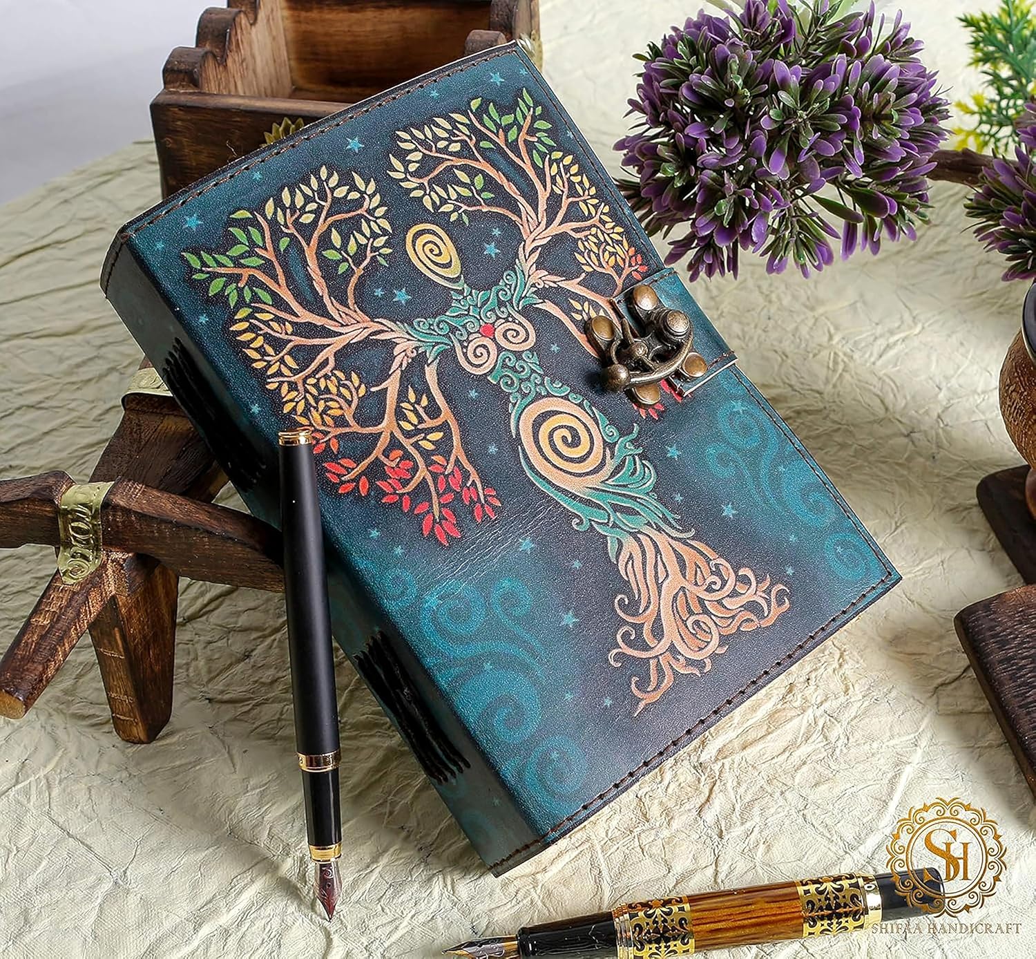 Mother Earth Tree of Life Journal, Handmade Leather Notebook with Lock, Goddess Nature Diary, Four Seasons Book of Shadows, Spiritual Gift for Her
