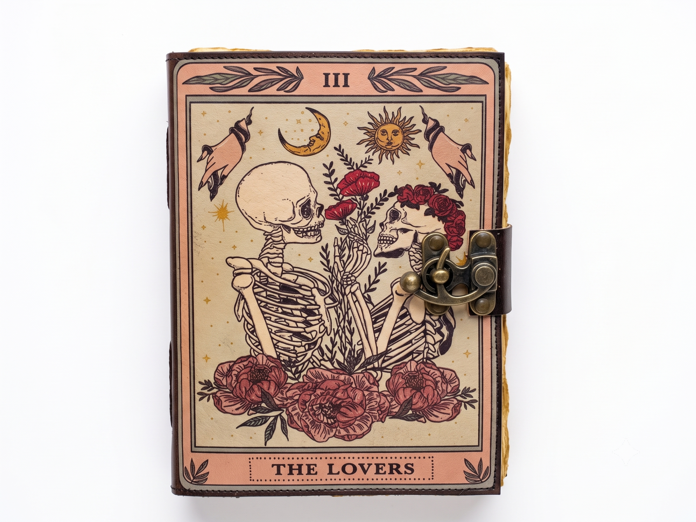 The Lovers Tarot Leather Journal, Skeleton Couple Notebook, Gothic Rose Diary, Handmade Deckle Edge Grimoire, Romantic Gift
