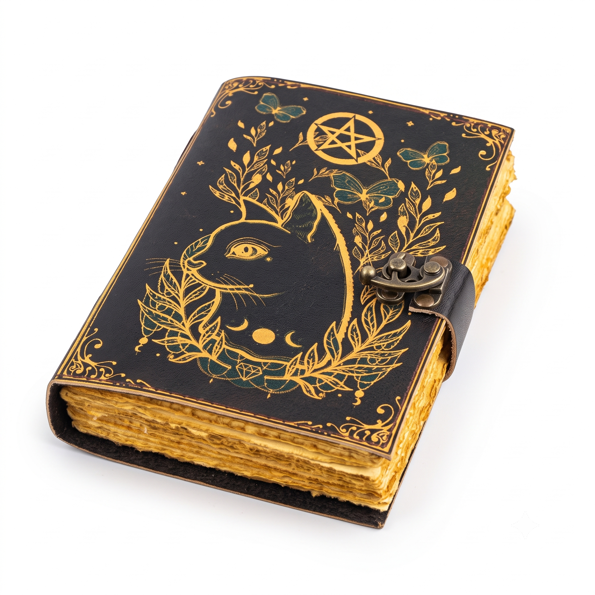 Black Cat Leather Journal, Gold Pentacle Grimoire, Vintage Deckle Edge Book of Shadows, Witchy Notebook with Clasp