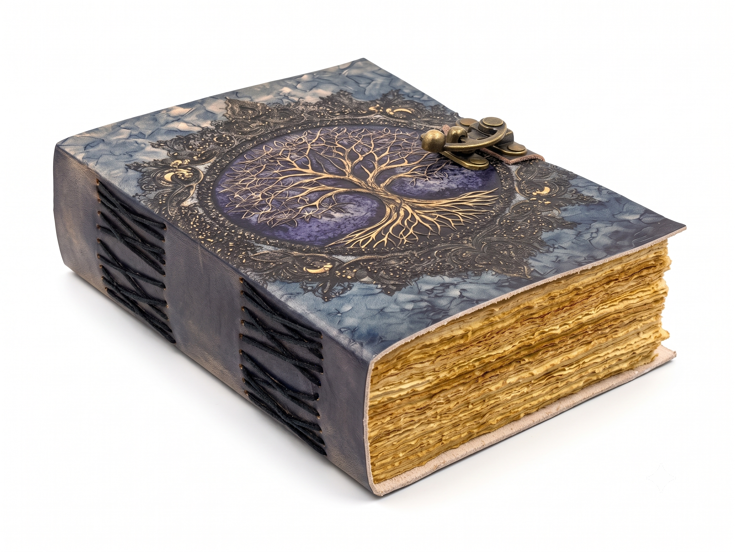 Tree of Life Leather Journal, Vintage Deckle Edge Grimoire, Purple & Gold Book of Shadows, Antique Style Clasp Notebook