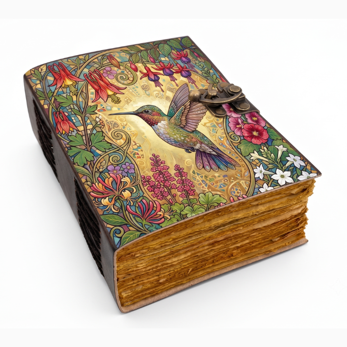 Hummingbird Leather Journal, Handmade Floral Notebook, Vintage Botanical Diary, Deckle Edge Writing Book, Bird Lover Gift
