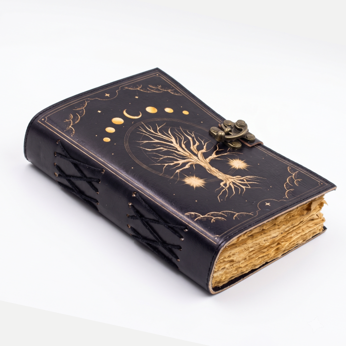 Moon Phase Tree of Life Leather Journal, Handmade Deckle Edge Notebook, Celestial Book of Shadows, Witchy Writing Diary