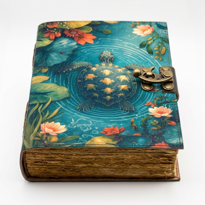 Sea Turtle Leather Journal, Handmade Lotus Flower Notebook, Teal Ocean Diary, Vintage Deckle Edge Writing Book, Turtle Lover Gift