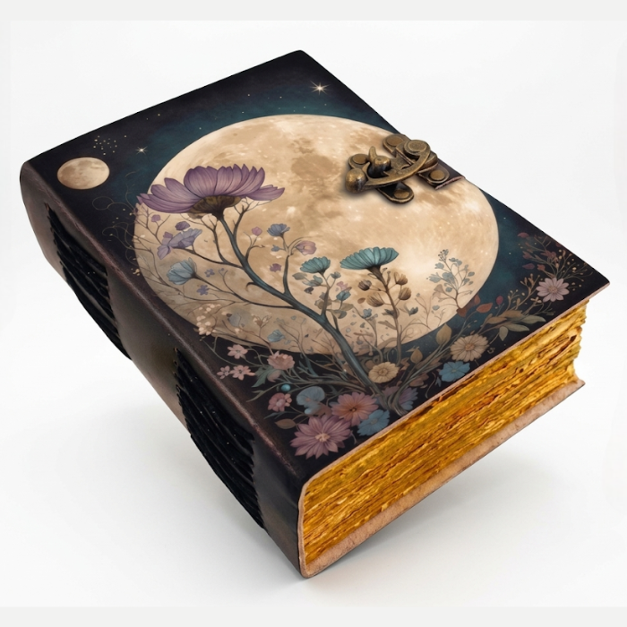 Full Moon Floral Leather Journal, Handmade Celestial Notebook, Wildflower Diary, Vintage Deckle Edge Grimoire, Moon Lover Gift